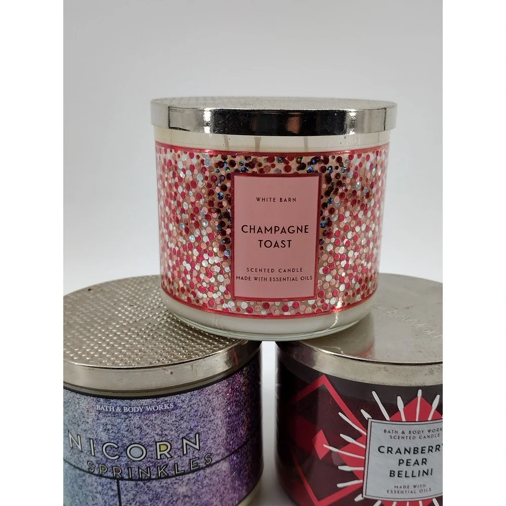 Bath & Body Works 3-Wick Candle Lot Champagne Toast Unicorn Sprinkles Cranberry